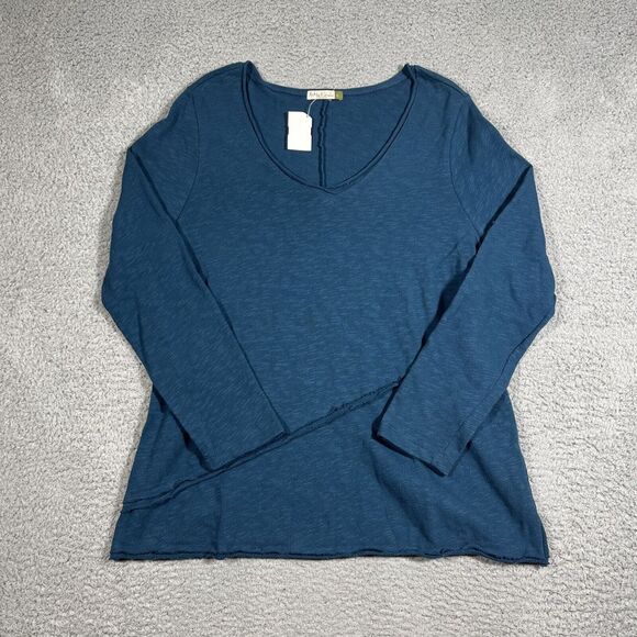 NWT Chalet et Ceci Top Sz L Blue Lagenlook Boho V Neck Long Sleeve Raw Hem - Picture 1 of 9